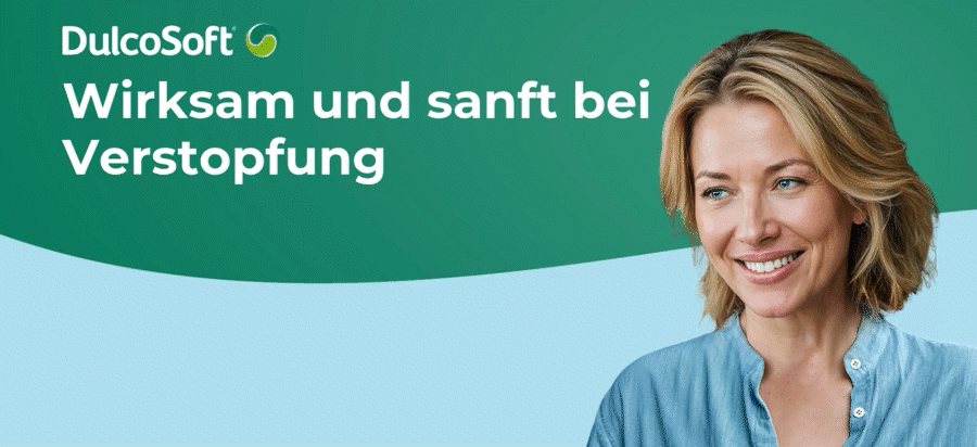 Frau lächelt. Text: Wirksam und sanft bei Verstopfung. DulcoSoft Logo.